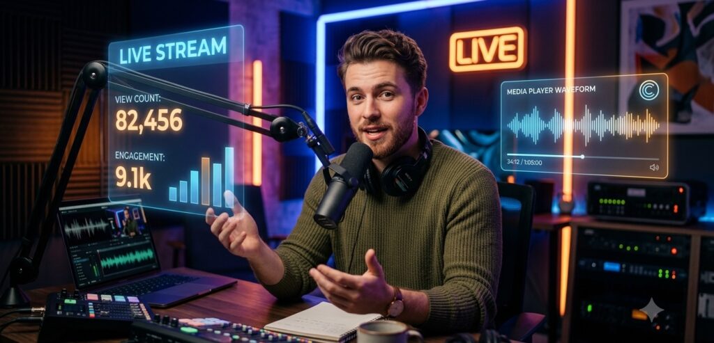 a young male content creator speaking confidently into a professional podcast microphone in a sleek modern studio a young male content creator speaking confidently into a professional podcast microphone in a sleek modern studio