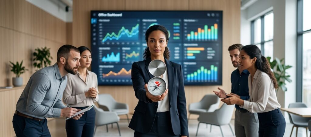 an employee leader standing in front of the screen, holding a simple compass an employee leader standing in front of the screen, holding a simple compass