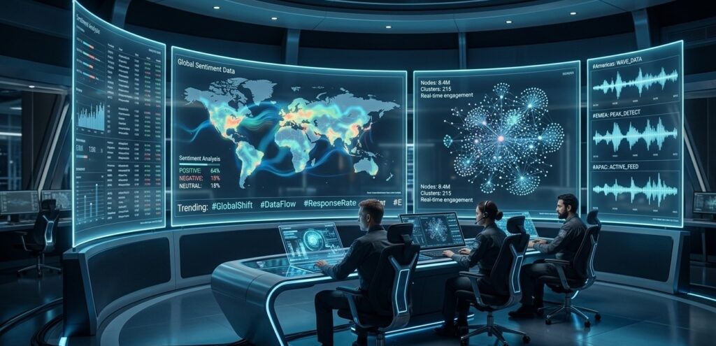 high-tech command center with massive curved holographic screens displaying real-time global sentiment charts, social network nodes, and audio wave visualizations