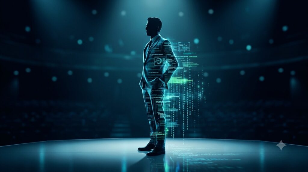 photo of a sleek silhouette of a business professional standing on a stage photo of a sleek silhouette of a business professional standing on a stage