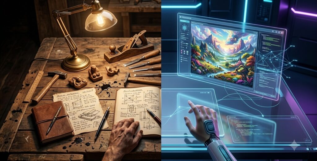 split screen comparison of vintage craftsman work and futuristic neon desk with holographic ai split screen comparison of vintage craftsman work and futuristic neon desk with holographic ai