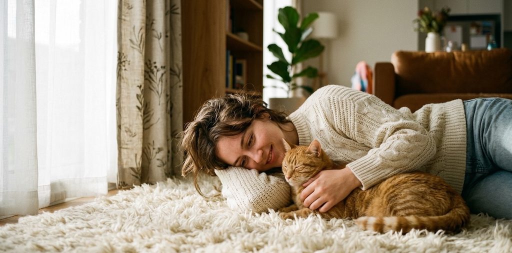 A candid, heartwarming photo of a person lying on a fluffy rug, cuddling their cat or dog A candid, heartwarming photo of a person lying on a fluffy rug, cuddling their cat or dog