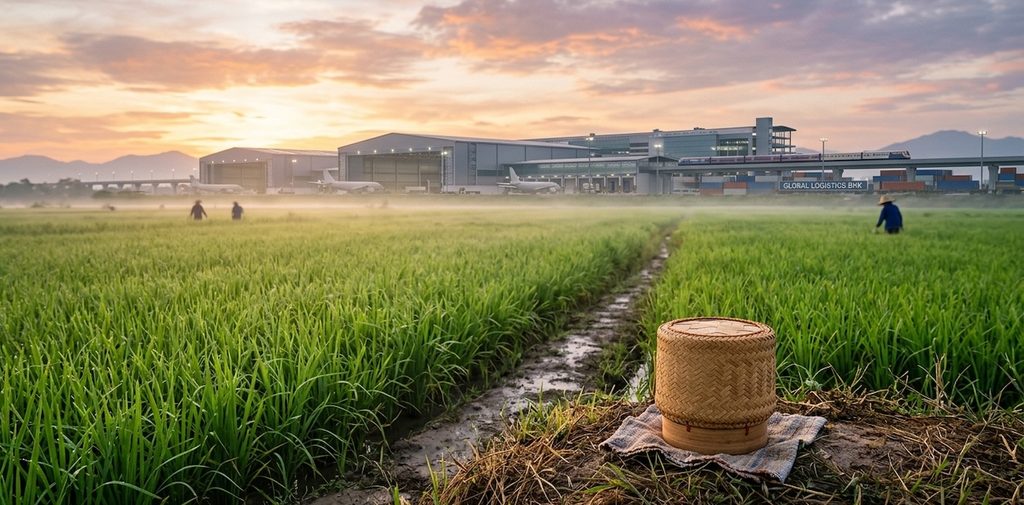 A cinematic photograph of a serene, early morning rice paddy in rural Thailand