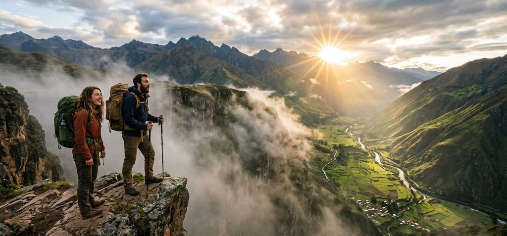 A cinematic wide shot capturing two travelers with sturdy backpacks standing on the edge of a dramatic, fog-filled mountain chasm in the Ande A cinematic wide shot capturing two travelers with sturdy backpacks standing on the edge of a dramatic, fog-filled mountain chasm in the Ande