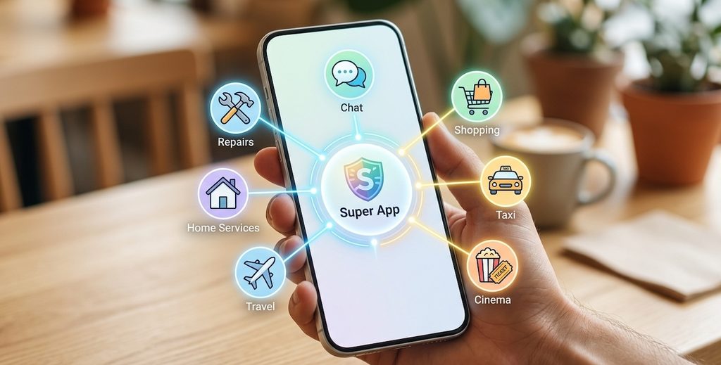 A clean, minimalistic close-up of a hand holding a smartphone with super app icons