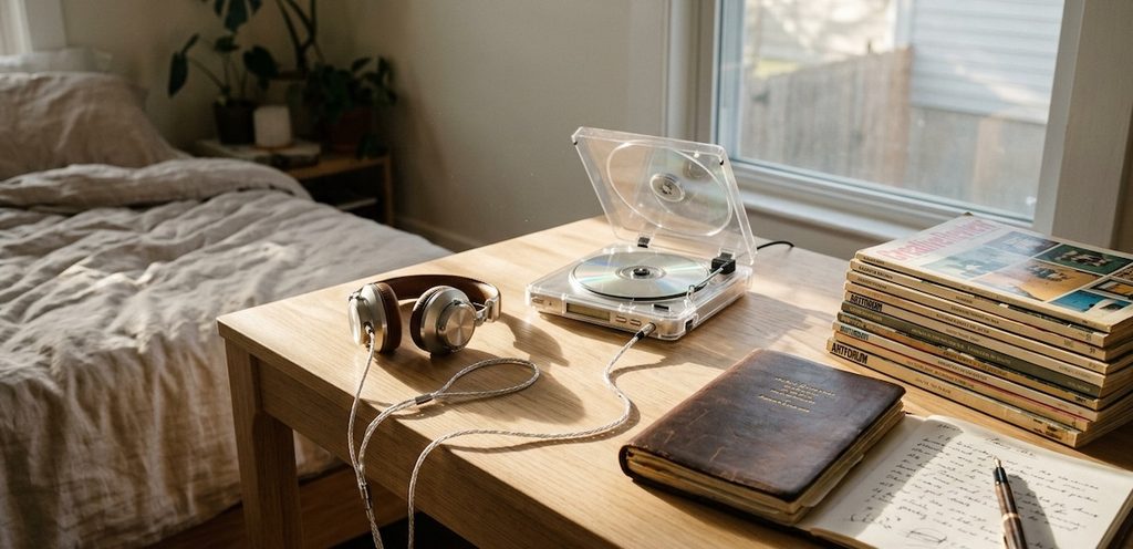 A clear CD player playing a disc, a pair of metallic over-ear wired headphones with silver braided cables