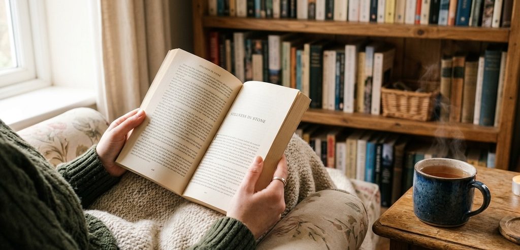 A cozy reading nook. A blanket is draped over a chair, a shelf full of books in the background A cozy reading nook. A blanket is draped over a chair, a shelf full of books in the background
