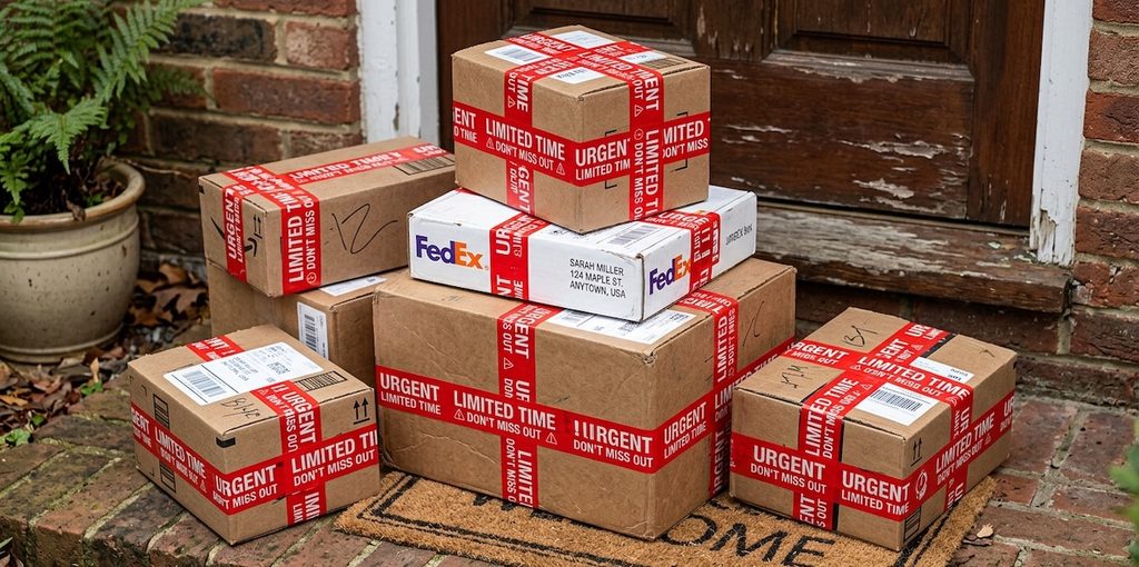 A detailed shot of several cardboard shipping boxes piled up at a front doorstep