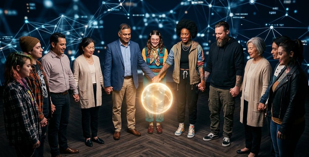 A diverse group of people with varying identities holding hands, standing around a central, glowing object representing shared beliefs A diverse group of people with varying identities holding hands, standing around a central, glowing object representing shared beliefs