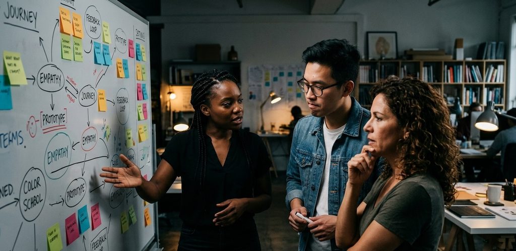 A diverse team of three strategists having an intense, thoughtful discussion around a whiteboard covered with handwritten diagrams, sticky notes, and erased brainstorms A diverse team of three strategists having an intense, thoughtful discussion around a whiteboard covered with handwritten diagrams, sticky notes, and erased brainstorms
