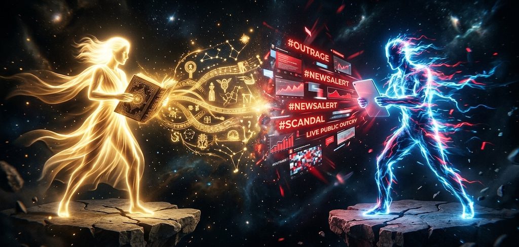 A dramatic, high-concept duel between two ethereal figures made of light