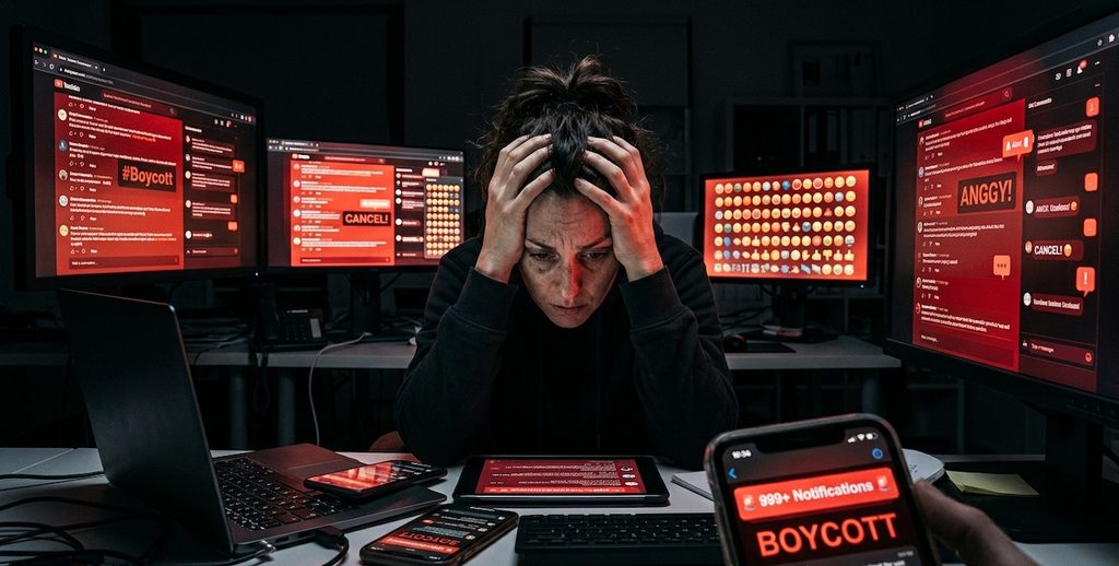 A dramatically lit, low-angle photograph looking up at a single, stressed-looking person in an office at night A dramatically lit, low-angle photograph looking up at a single, stressed-looking person in an office at night
