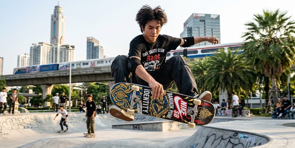A dynamic action shot of a young Thai skateboarder at a modern skatepark in a major city