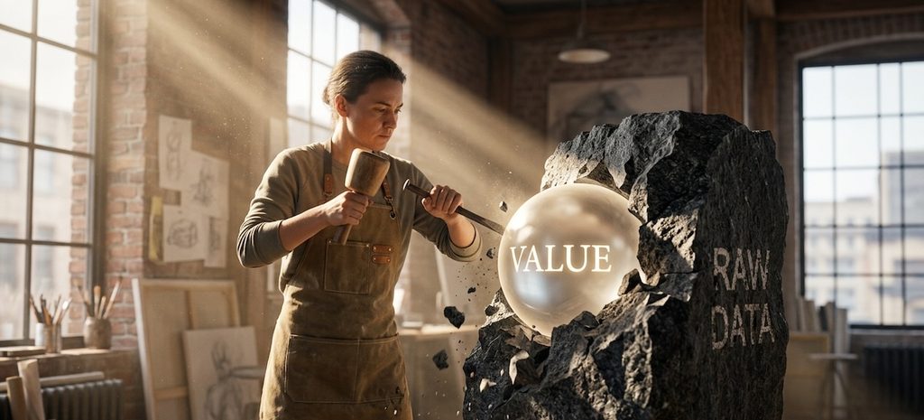 A focused content strategist wearing an apron, working in a modern, sunlit artist's loft A focused content strategist wearing an apron, working in a modern, sunlit artist's loft