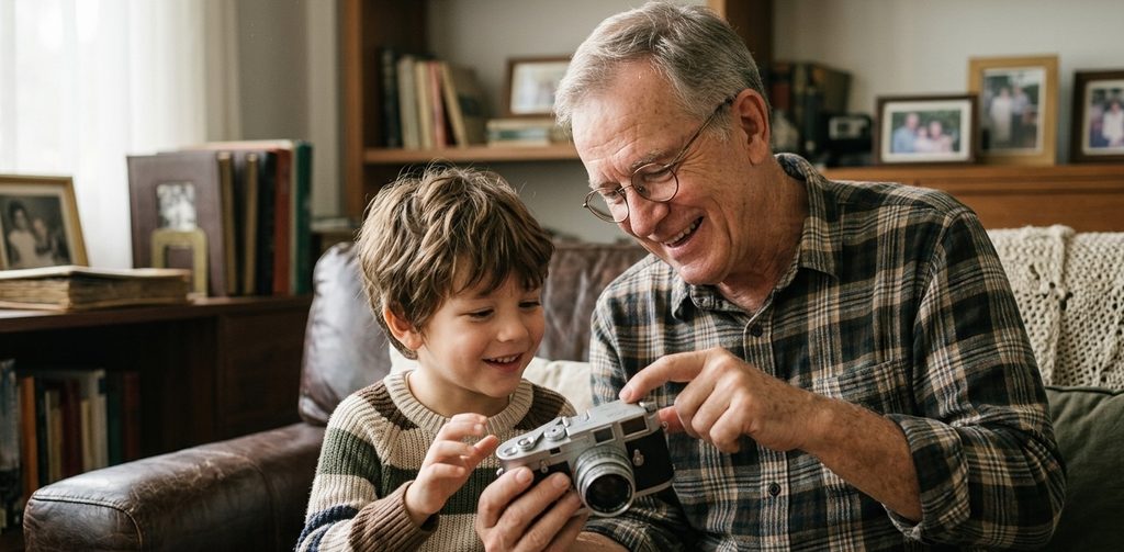 A grandfather is showing his grandson a vintage camera A grandfather is showing his grandson a vintage camera