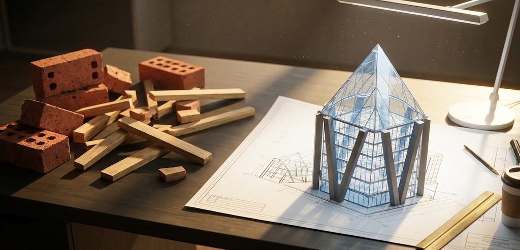 A high-end modern architectural firm desk illuminated by warm directional sunlight A high-end modern architectural firm desk illuminated by warm directional sunlight