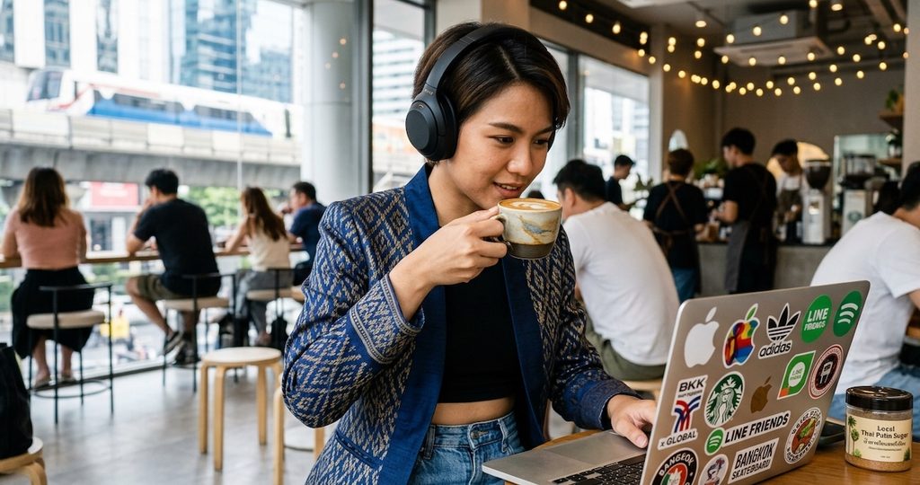 A hyper-realistic close-up portrait of a Thai Gen Z woman in a modern, stylish Bangkok coffee shop