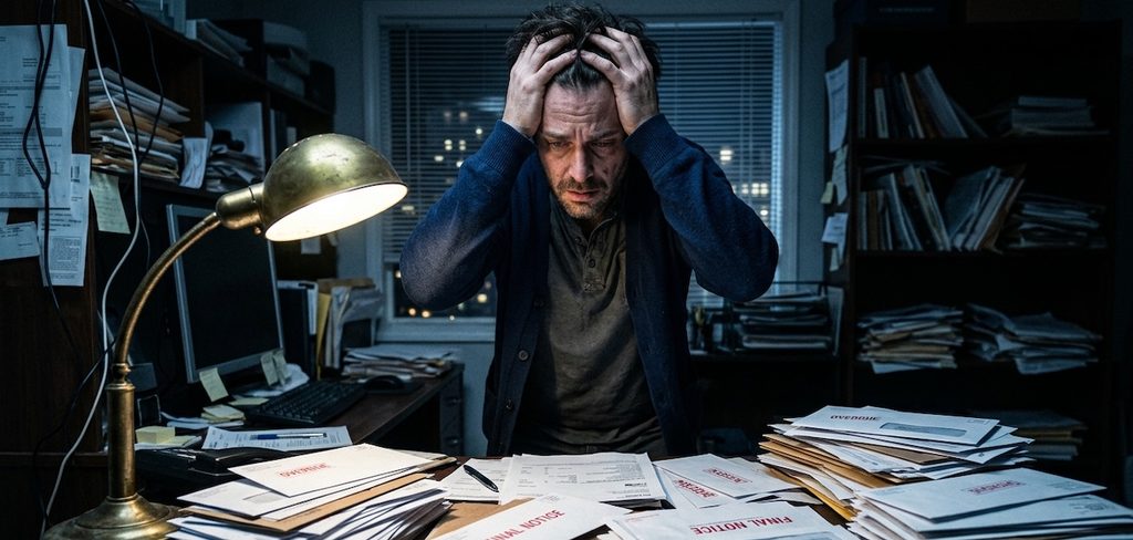 A low-angle photo of a stressed man standing at a desk piled high with generic overdue bill envelopes A low-angle photo of a stressed man standing at a desk piled high with generic overdue bill envelopes