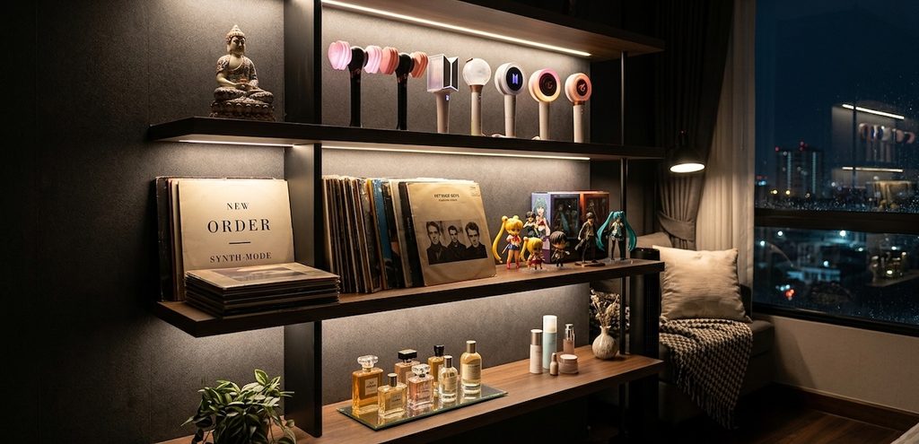 A moody, lit bedroom corner featuring a modern display shelf A moody, lit bedroom corner featuring a modern display shelf