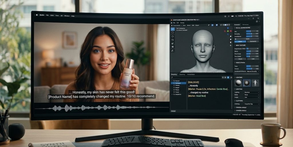 A realistic render of a synthetic influencer on a computer screen A realistic render of a synthetic influencer on a computer screen