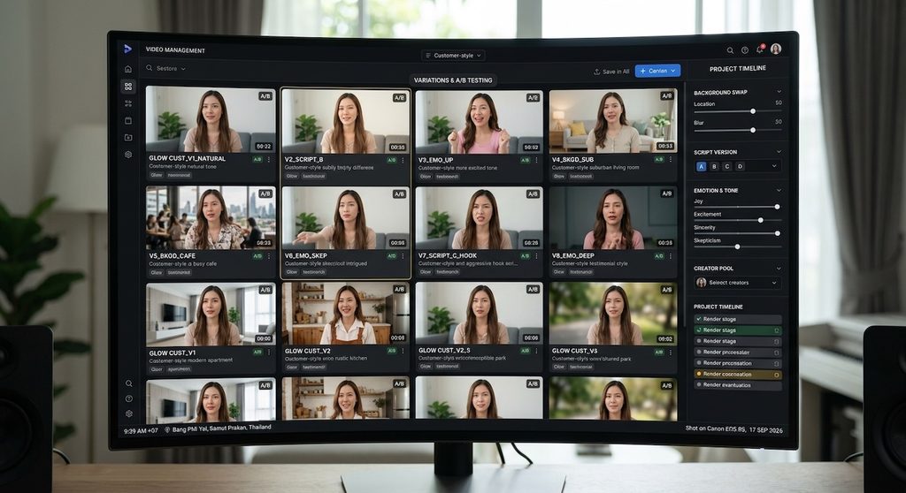 A screenshot of a computer monitor displaying multiple versions of the same customer-style video A screenshot of a computer monitor displaying multiple versions of the same customer-style video
