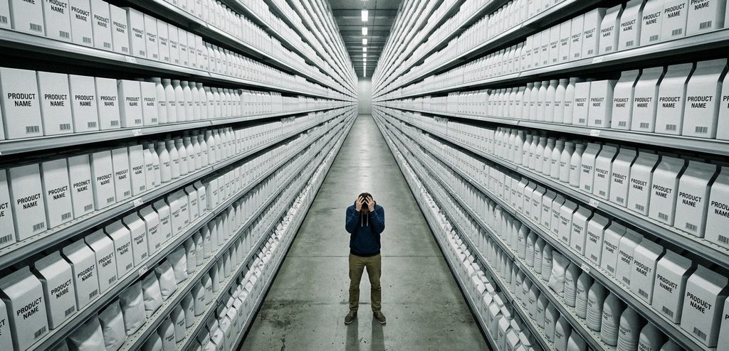 A single customer stands in the middle, head in hands, paralyzed by the sheer volume of identical choices A single customer stands in the middle, head in hands, paralyzed by the sheer volume of identical choices