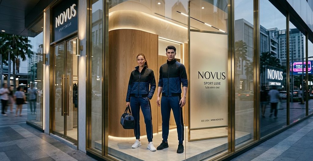 A sleek luxury storefront display featuring a human model standing next to a hyper-realistic synthetic celebrity avatar