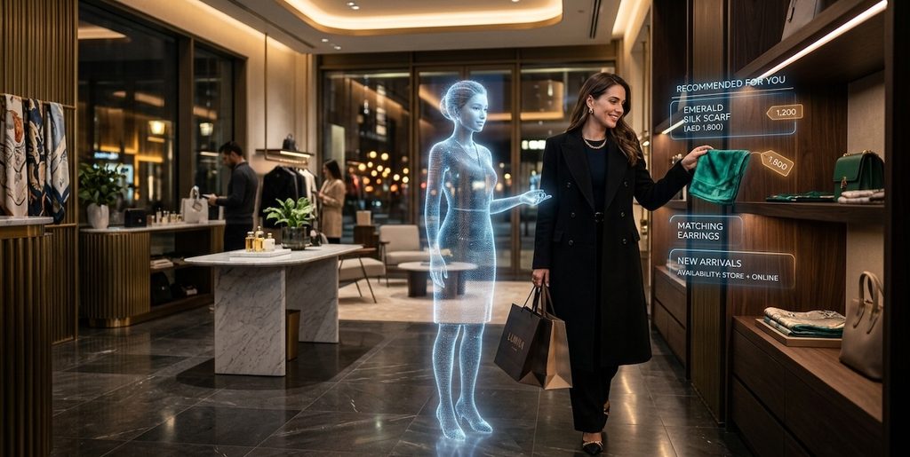 A sleek, subtle holographic digital concierge seamlessly guiding a stylish customer, offering personalized recommendations floating softly as elegant UI elements A sleek, subtle holographic digital concierge seamlessly guiding a stylish customer, offering personalized recommendations floating softly as elegant UI elements
