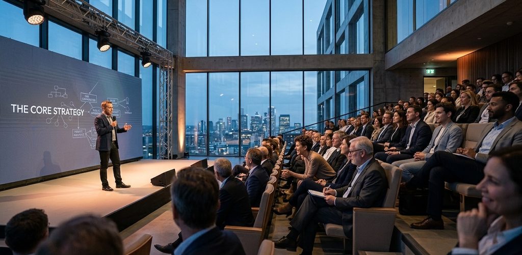 A speaker stands on stage illuminated by a soft spotlight, delivering a key note A speaker stands on stage illuminated by a soft spotlight, delivering a key note