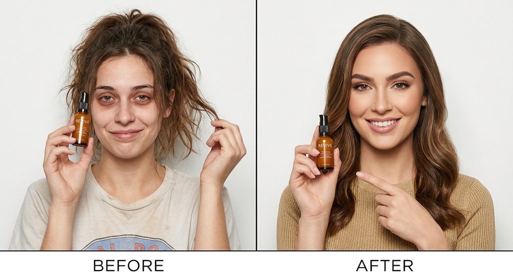 A split-screen shot of a creator, showing her before and after holding a beauty product A split-screen shot of a creator, showing her before and after holding a beauty product