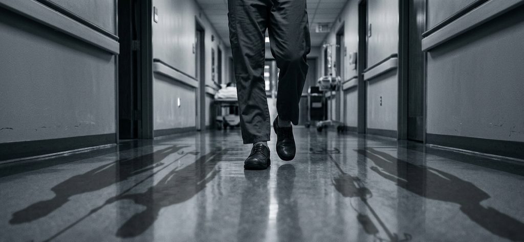 A striking, low-lit portrait photo of a person's legs walking slowly down a long, sterile hospital corridor A striking, low-lit portrait photo of a person's legs walking slowly down a long, sterile hospital corridor