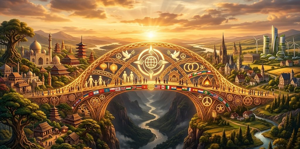 A surreal, artistic landscape photograph showing a massive, metaphorical bridge made entirely of various, positive global symbols A surreal, artistic landscape photograph showing a massive, metaphorical bridge made entirely of various, positive global symbols