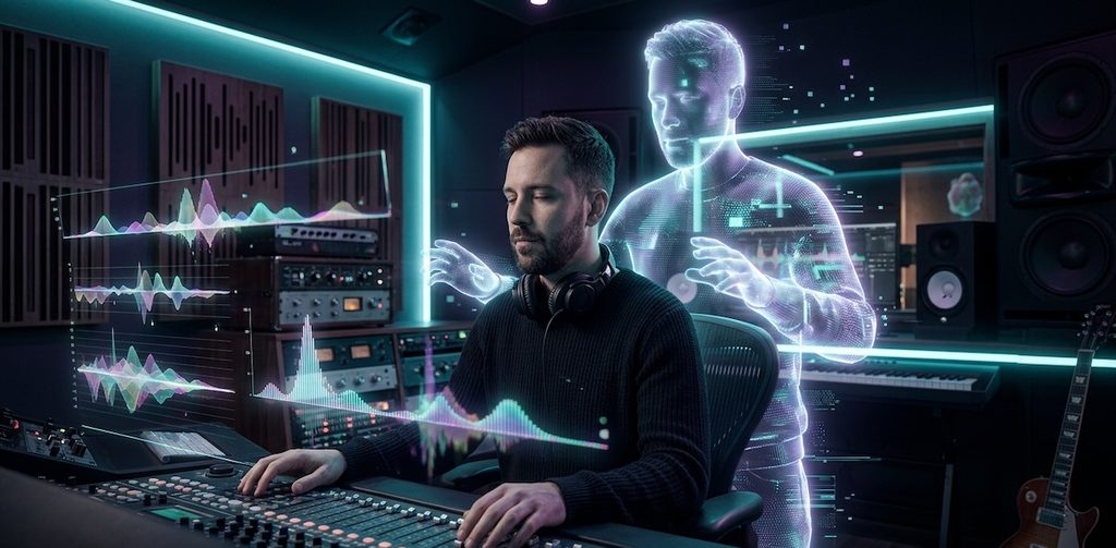 A surreal double-exposure portrait of a male music producer sitting in a high-end recording studio