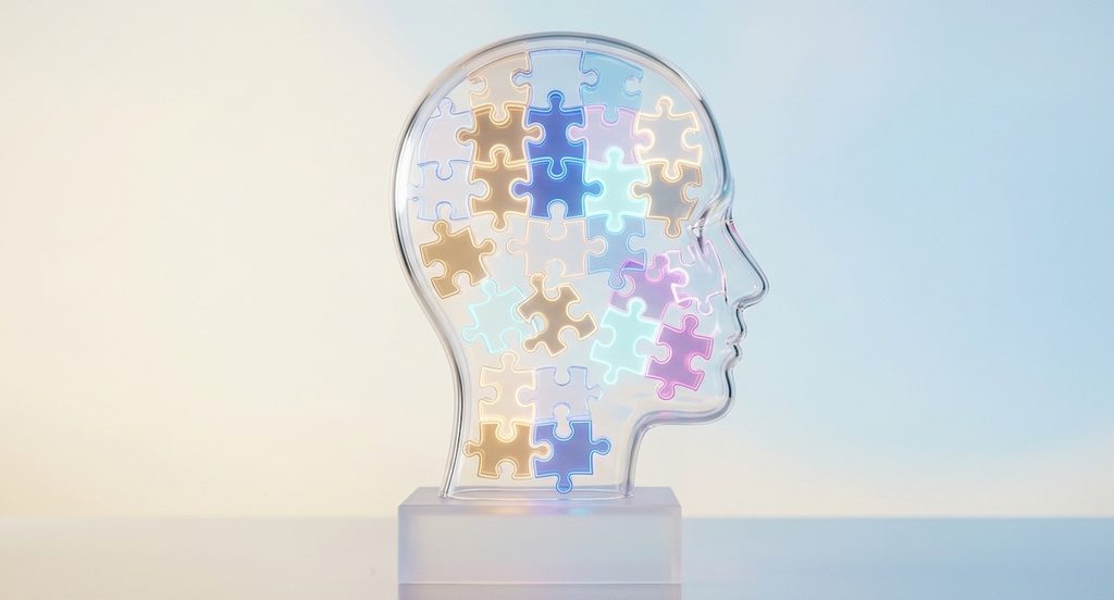 A surreal high-fashion editorial photo of a human silhouette head made of clear polished acrylic, filled with illuminated glowing puzzle