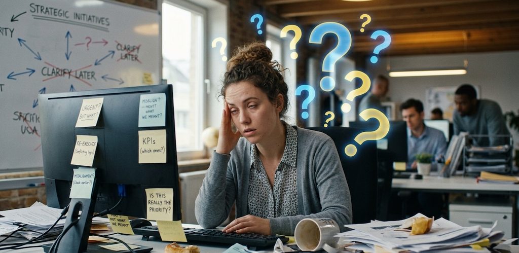 A tired employee surrounded by question marks and unclear instructions A tired employee surrounded by question marks and unclear instructions