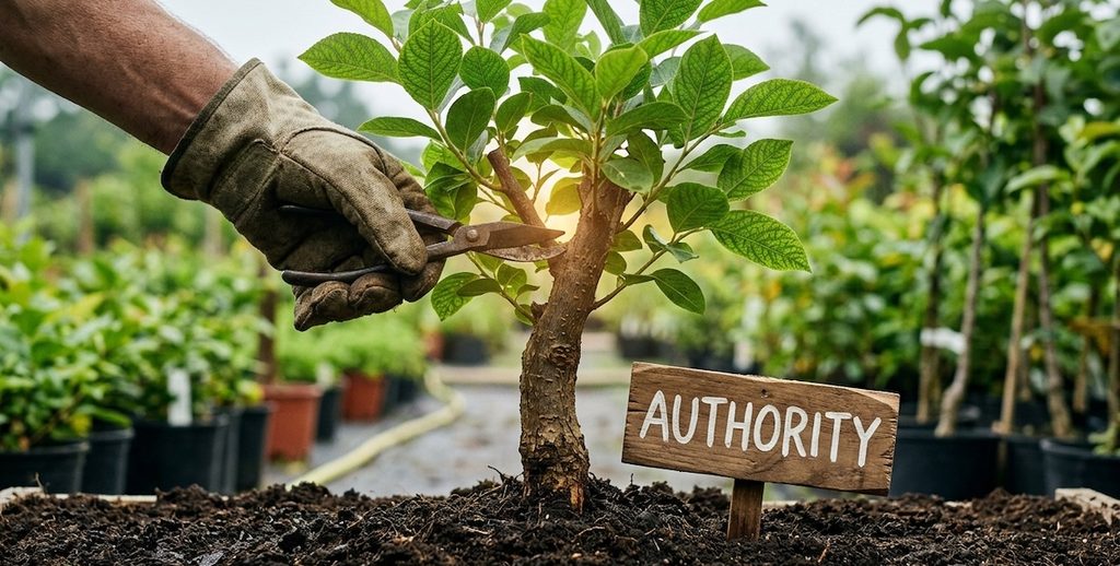 A weathered hand wearing a canvas glove carefully prunes a vibrant, flourishing sapling planted in a rich, dark soil bed A weathered hand wearing a canvas glove carefully prunes a vibrant, flourishing sapling planted in a rich, dark soil bed