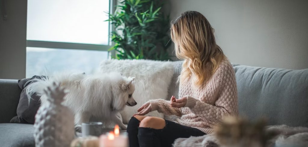 A woman feeding dog at living room
