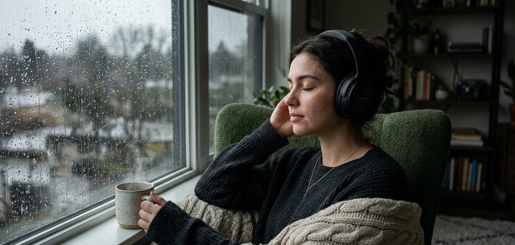 A young woman sitting comfortably by a rain-streaked window in a quiet apartment