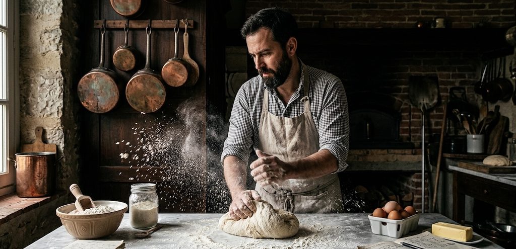 Action shot of a pastry chef in a rustic kitchen, dust of flour frozen in the air around their hands as they knead dough Action shot of a pastry chef in a rustic kitchen, dust of flour frozen in the air around their hands as they knead dough