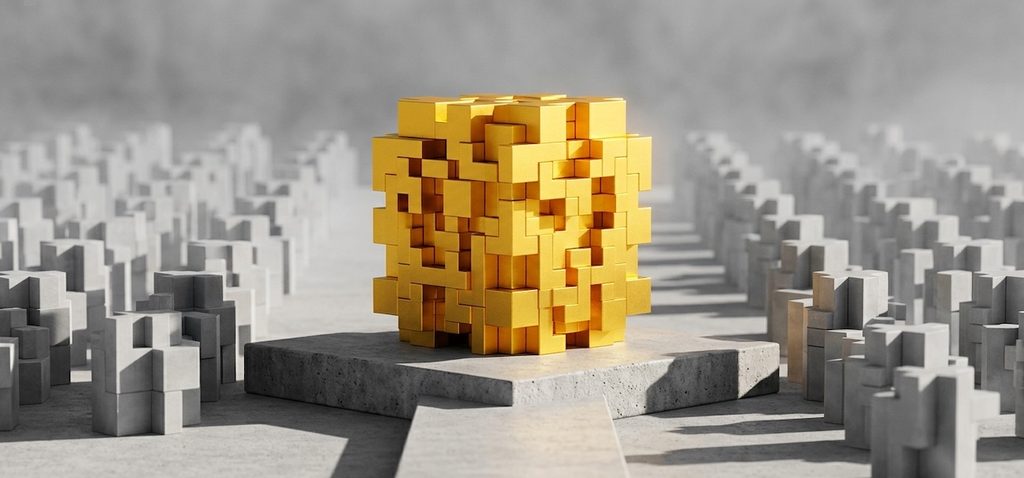 An abstract architectural scene featuring a solid, vibrant golden monolithic structure standing firmly amidst a landscape of fading