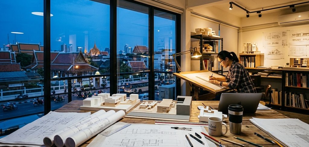 An architect in the background leaning over a drafting board, deeply focused An architect in the background leaning over a drafting board, deeply focused