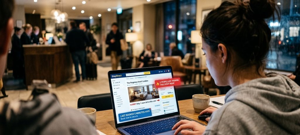 An eye-level shot looking over a shoulder at a laptop screen while browsing a hotel booking platform