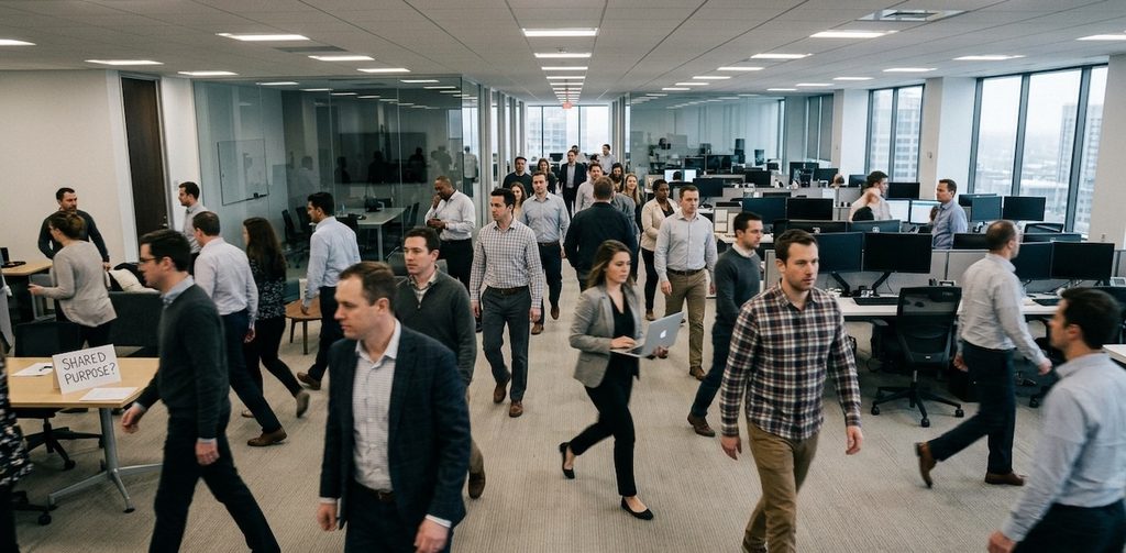 An office full of busy people walking in different directions, symbolizing misalignment An office full of busy people walking in different directions, symbolizing misalignment