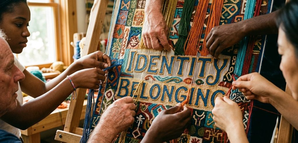 Close-up of a diverse range of hands working together to weave colorful threads into a large, intricate tapestry Close-up of a diverse range of hands working together to weave colorful threads into a large, intricate tapestry