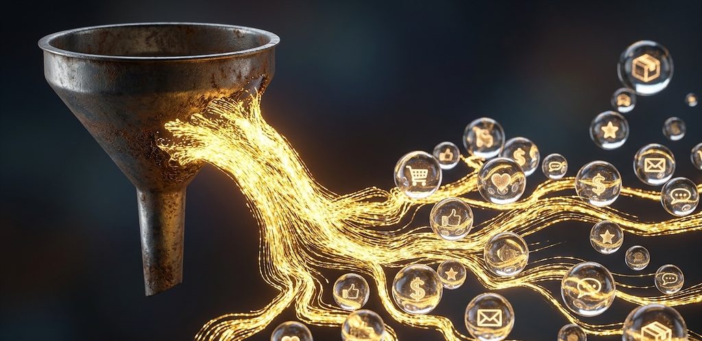 Conceptual 3D visualization of a traditional solid metal funnel dissolving into a glowing, fluid stream of golden light particles Conceptual 3D visualization of a traditional solid metal funnel dissolving into a glowing, fluid stream of golden light particles