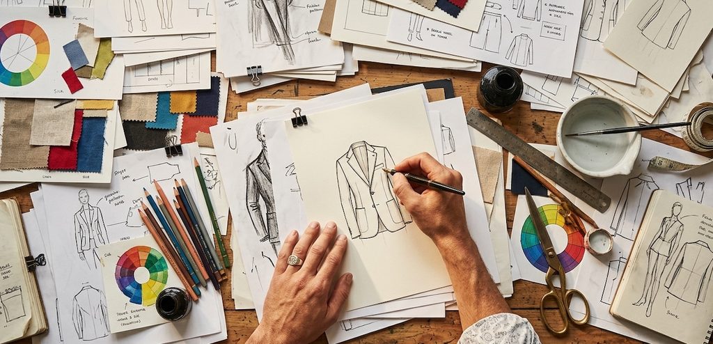 Dozens of paper sketches, rough drafts, and color swatches are layered over each other Dozens of paper sketches, rough drafts, and color swatches are layered over each other