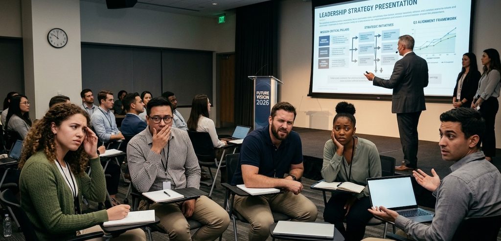 Employees looking confused while leadership presentations play in the background Employees looking confused while leadership presentations play in the background