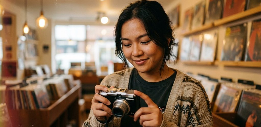 Gen Z woman holding a vintage point-and-shoot digital camera in a warmly lit indie vinyl record shop