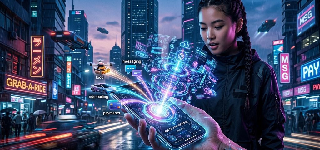 High-tech, holographic ecosystem rising from the device
