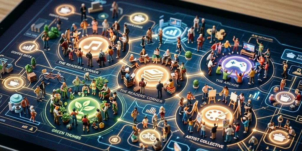Macro shot of a detailed micro-culture landscape on a digital platform map, showing miniature figures clustered around specific icons Macro shot of a detailed micro-culture landscape on a digital platform map, showing miniature figures clustered around specific icons